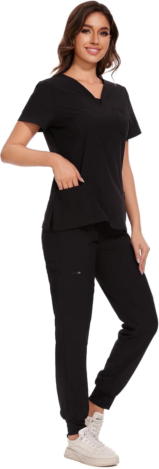 Detalle de COZYFIT Women’s V-Neck Scrubs Top & Cargo Pants Set with 10 Pockets
