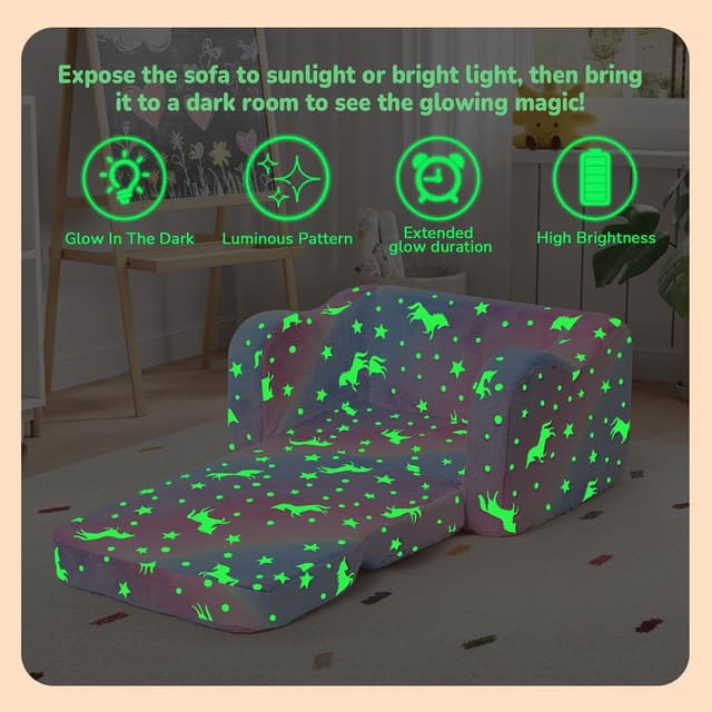 Detalle de MeMoreCool Glowing Rainbow Unicorn Kids Chair (Convertible 2-in-1 Fold-Out Kids Couch)