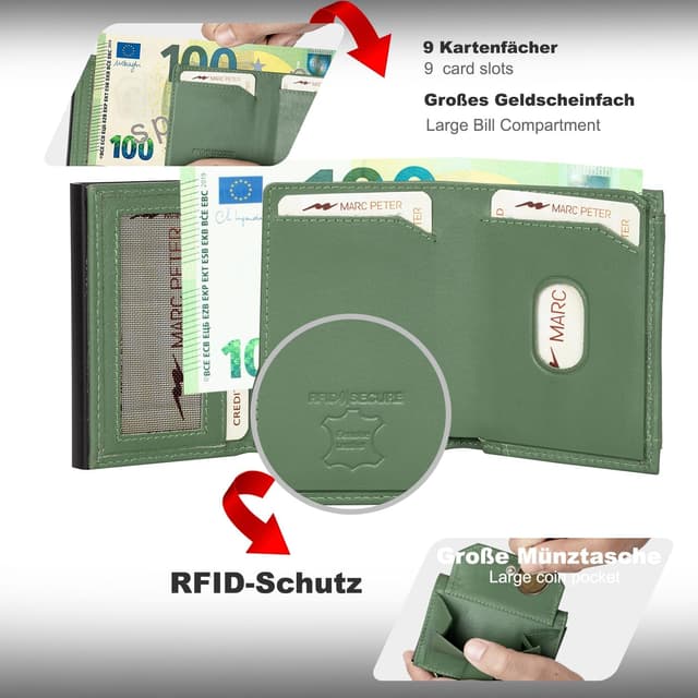 Detalle de Marc Peter Chicago Leder Push Air Slim Wallet – Airtag-Geldbörse mit Münzfach und RFID-Schutz