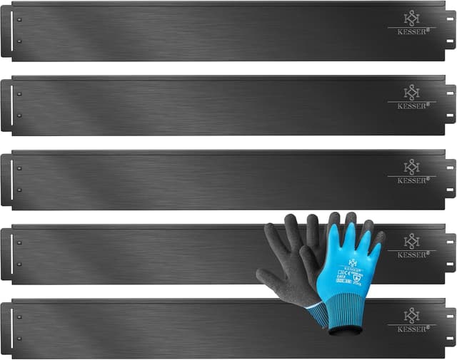 Detalle de KESSER® Rasenkante/Beeteinfassung Beetbegrenzung mit Stecksystem, Metall (schwarz) + Handschuhe, 15 m, 100 x 18 cm