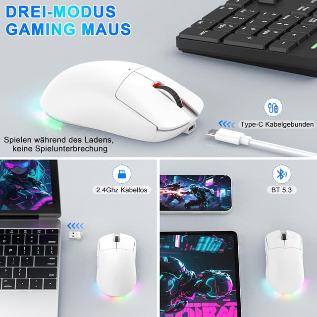Detalle de Azmall 3-Modus kabellose Gaming-Maus (BT 5.3/2,4 GHz/USB‑C) – 8.000 DPI, 7 Tasten, RGB, Jiggler