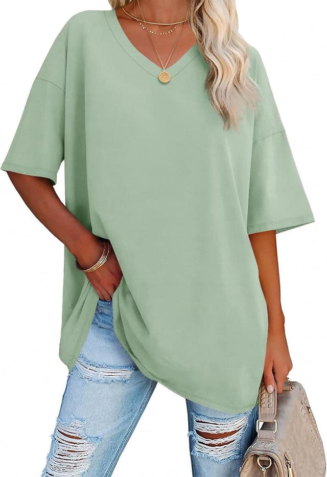 Detalle de Ebifin Damen Oversize-T‑Shirt mit V-Ausschnitt und Kurzarm – lockere Basic Sommertee