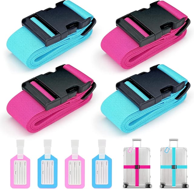 Detalle de Koffer-Gurte 4er-Set mit Adressschild: verstellbare Kofferbänder Kreuzgurt (2 Rosa, 2 Blau)