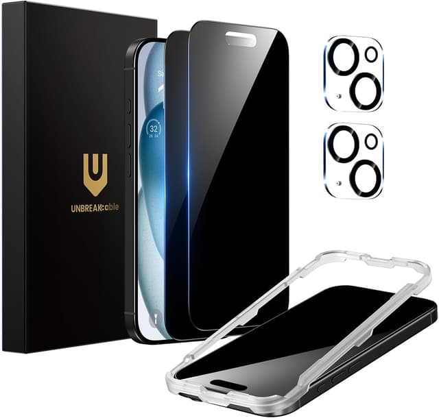 Detalle de UNBREAKcable Privacy Screen Protector for iPhone 15 (6.1-inch) – 2-Pack + 2 Lens Protectors with 25° Anti-Spy Tempered Glass