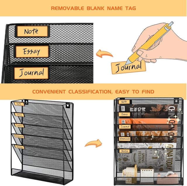 Thumbnail 6 de 6-Tier Hanging Wall File Holder (A4 Mesh Wall Pocket) – Black metal organiser