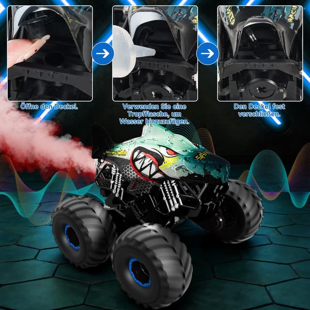 Detalle de Ferngesteuertes Auto 1/16 Monstertruck mit Stomp, Spray, Licht & Musik – Hai-Monstertruck (15 km/h, 360°-Drehung, 4WD)