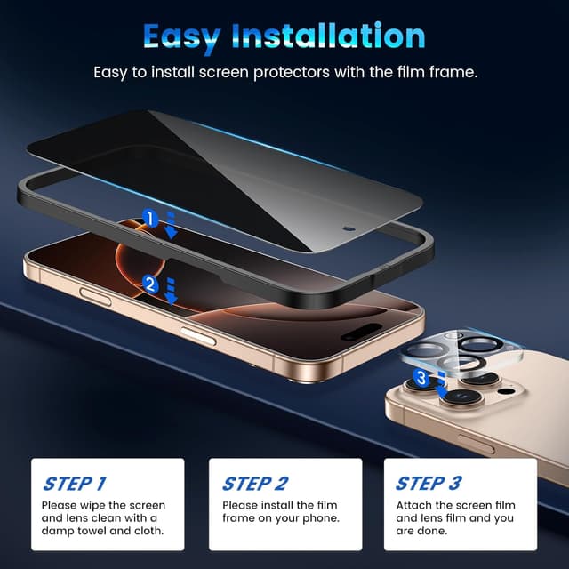 Detalle 2 de HWeggo 2+2Pack Privacy Screen Protector with Camera Lens Protectors for iPhone 16 Pro Max