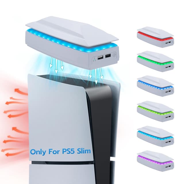 Detalle de Mcbazel Kühler für PS5 Slim (Disk/Digital) mit 3-stufiger RGB-Beleuchtung, oberem Kühlventilator und 2× USB 2.0 – Weiß