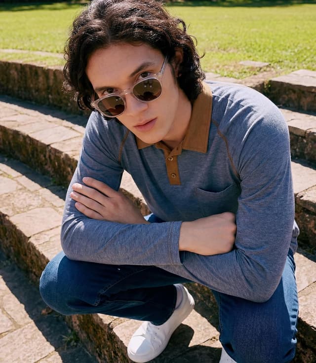 Detalle de GLESTORE Poloshirt Herren Langarm mit Giraffen-Stickerei – Casual Longsleeve Polo