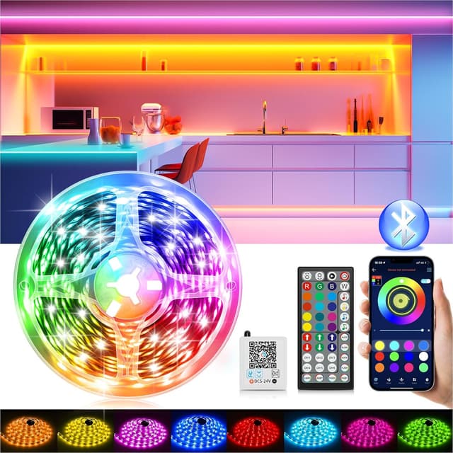 Detalle de LED Strip LED Streifen 15 m mit Fernbedienung, App & Musik-Sync (Bluetooth, RGB, dimmbar) – selbstklebende TV-/Gaming-/Partybeleuchtung