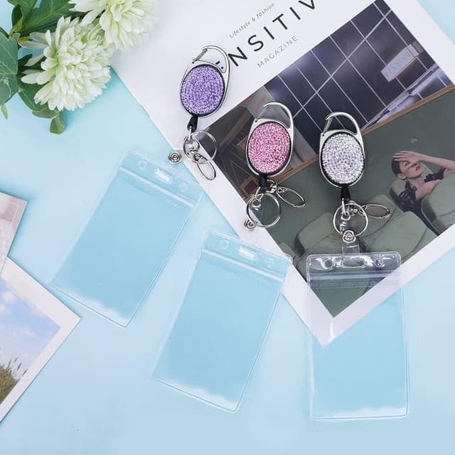 Detalle de Vicloon einziehbarer Schlüsselanhänger mit ID-Kartenhalter (3 Stück) – Ausweishalter mit Strass-Optik