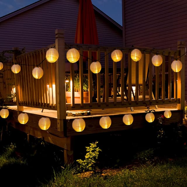 Detalle de Bowfar Solar-Lichterkette „Lampions“ für außen, 6 m, 30 LED, warmweiß (IP65, 8 Modi)