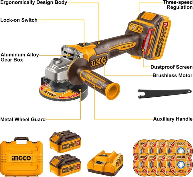 Detalle de INGCO CAGLI271532 cordless angle grinder 115mm