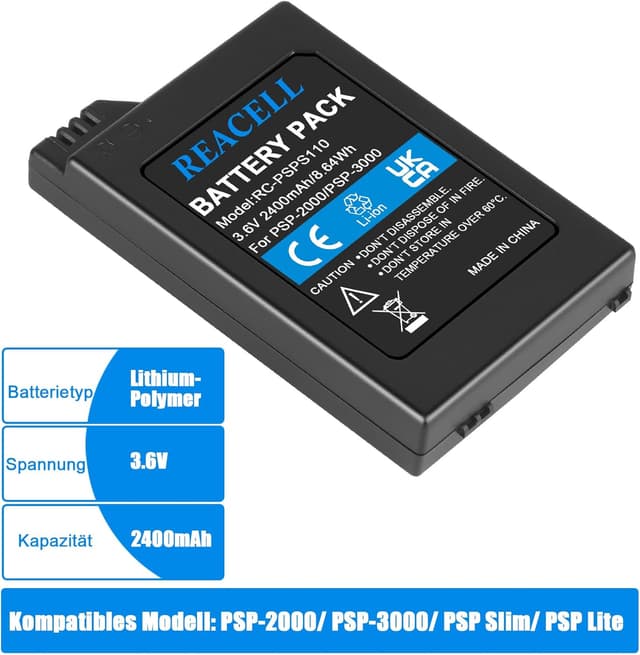 Detalle de REACELL Ersatzakku 2400 mAh 3,6 V für Sony PSP-S110 (kompatibel u. a. mit PSP-2001/3000/3004)