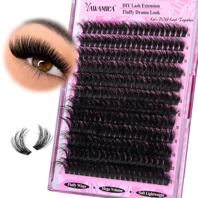 Detalle de Yawamica Fluffy Lash Clusters Thick 200D Volume Eyelash Extensions (D-Curl, 14–20mm, 240pcs) for DIY