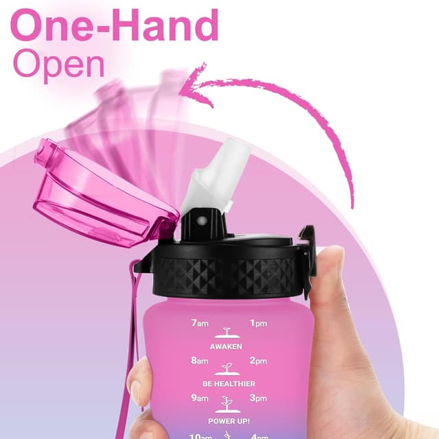 Detalle de GOPPUS 350ml/12oz Kids Straw Water Bottle with Flip Top Lid, Strap & Time Marking (BPA-free, Rose Blue)