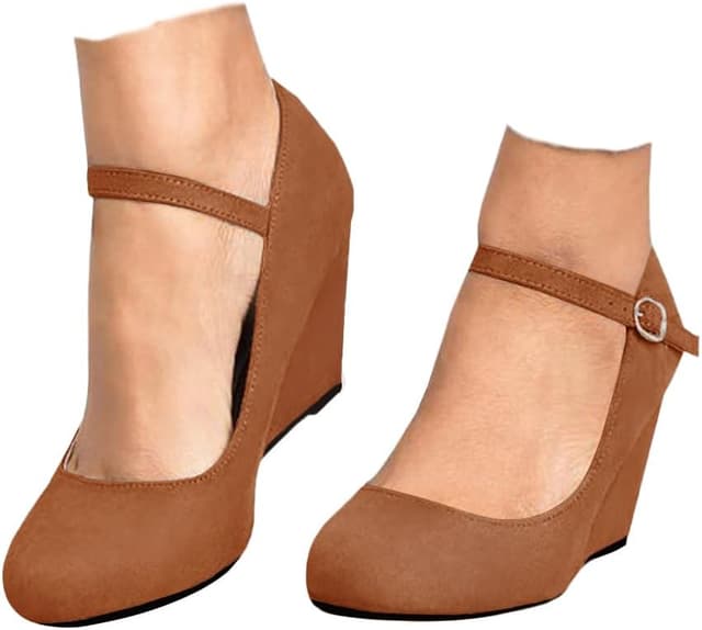 Detalle de Coutgo Women’s Wedge Pumps Mary Jane Heeled Shoes with Ankle Strap (Closed Toe)