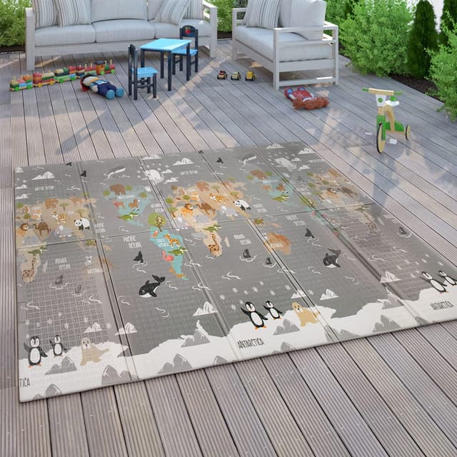 Detalle de Paco Home faltbare Spielmatte / Krabbelmatte (180×200 cm), wendbar & abwischbar – Tier-Motiv, bunt