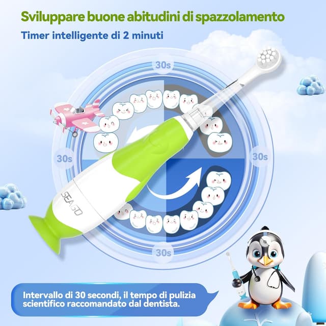 Detalle 2 de Spazzolino Elettrico Bambini 0-6 anni a forma di pinguino con LED, timer 2 minuti e 4 testine (base a ventosa) 513 Blu/Verde