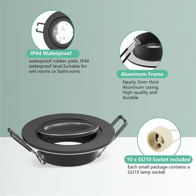 Detalle de Doughelec 10er Einbaustrahler GU10 Rahmen IP44 (Aluminium, schwarz) inkl. GU10 Fassung – rund, flach