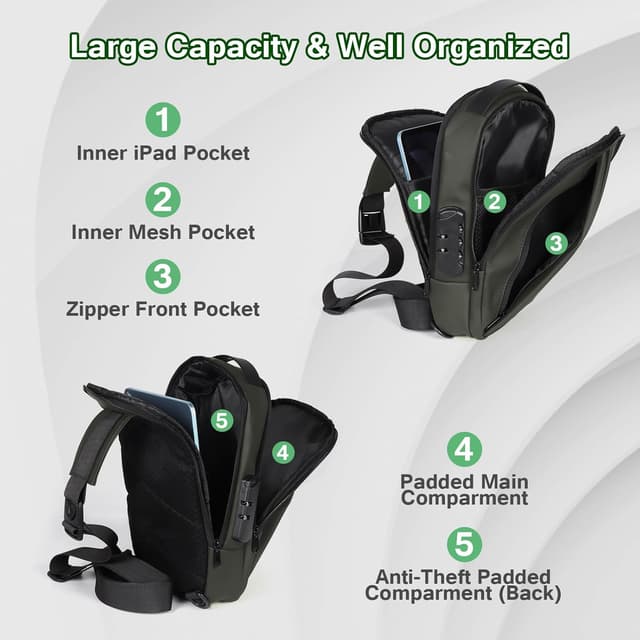 Detalle 2 de Geestock Anti-Theft Men’s Sling Bag with Password Lock, Waterproof Crossbody with USB Charging Port (PU Leather)