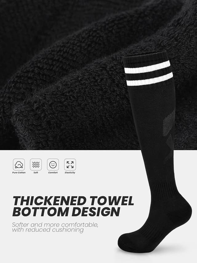 Detalle 2 de Hryrbay 4 Pairs Kids Cotton Soccer Socks (Cushioned, Striped) for Boys & Girls, Knee-High Style