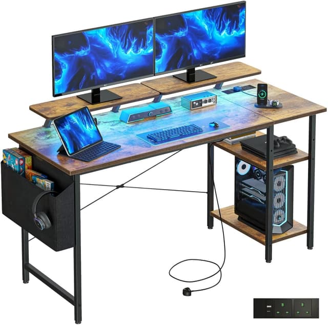 Detalle de DOMSHOCT Gaming Desk with LED Lights, Power Outlets & Dual Monitor Stands, 120×50cm Brown