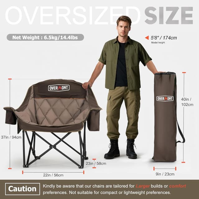 Detalle de OVERMONT Übergroßer klappbarer Campingstuhl/Campingsofa (bis 204 kg) mit Polsterung, Getränkehalter & Kühltasche