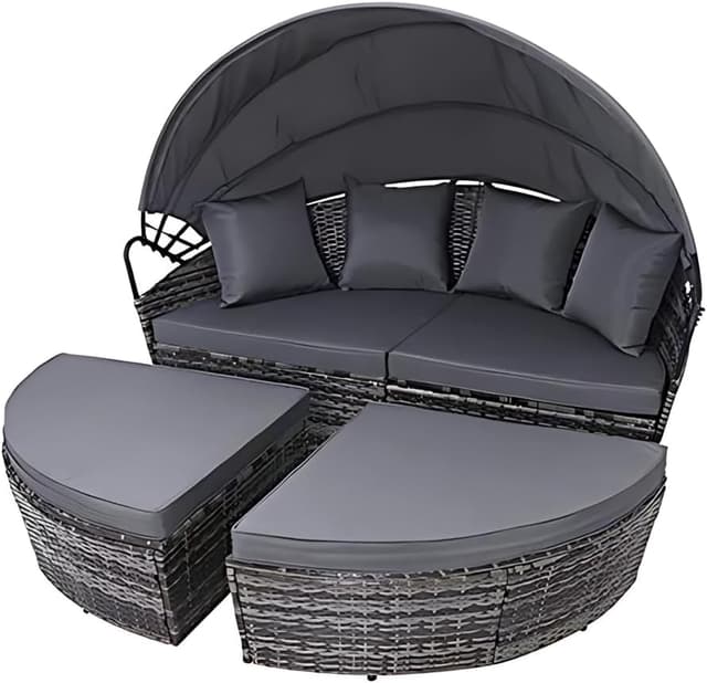 Detalle 2 de EVRE Bali 3 Piece Modular Round Rattan Wicker Daybed Set with Extendable Canopy (Mixed Grey)