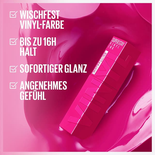 Detalle 2 de Maybelline New York Super Stay Vinyl Ink Flüssiger Lippenstift 16H Halt & Glanz – Nuance 145 Rogue (4,2 ml)