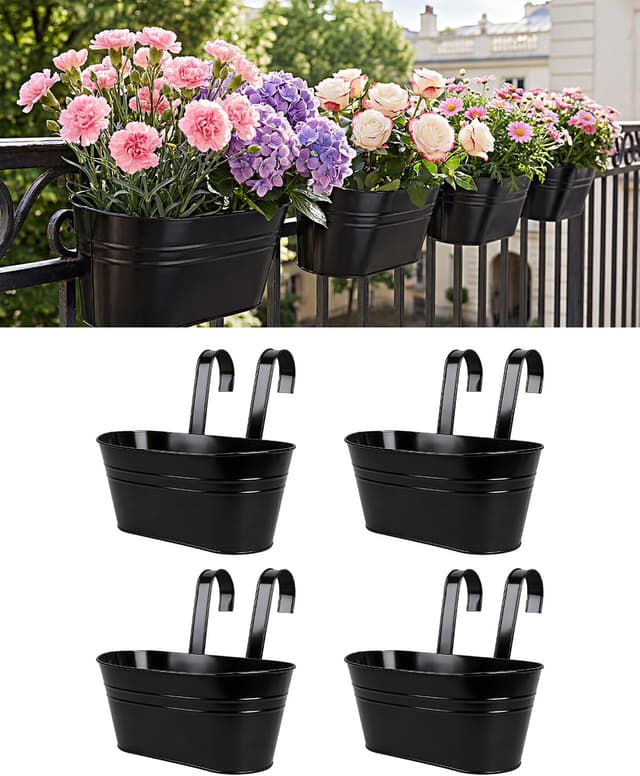 Detalle de 4 Pack Black Galvanised Iron Hanging Flower Pots with Detachable Hooks (Large) – Balcony & Fence Planters