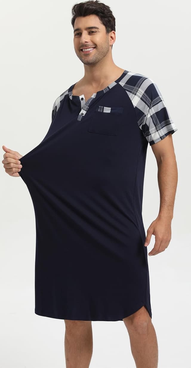 Detalle 2 de Enjoyoself Herren-Nachthemd Kurzarm aus Baumwolle – langes Schlafshirt mit Knöpfen