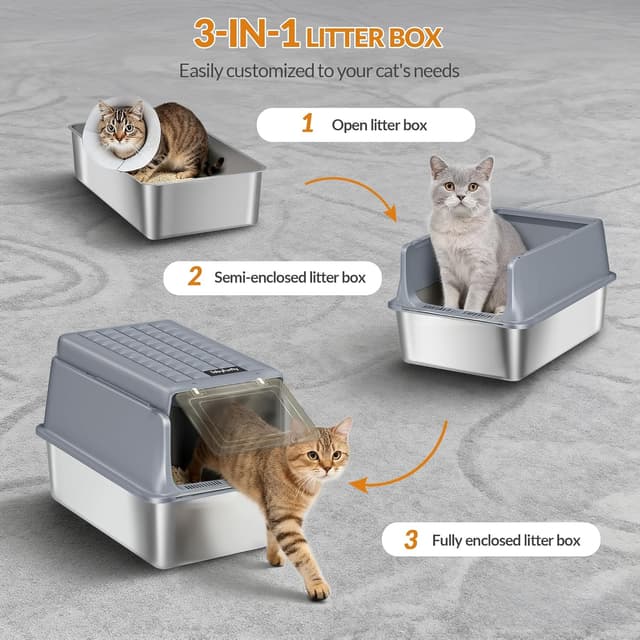 Detalle 2 de Fobyfurny Lettiera in acciaio inox XXL chiusa con coperchio incernierato (con paletta e pedana), confezione da 2