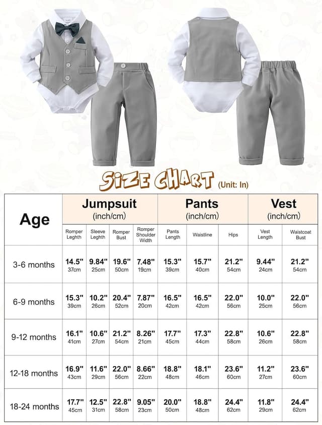 Detalle de Amissz Baby Jungen Bekleidungsset „Gentleman“ (3-24 Monate) mit Strampler, Hose, Weste & abnehmbarer Fliege