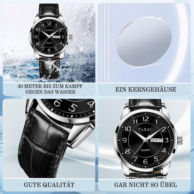 Detalle de Taxau Herren-Armbanduhr mit Quarz, wasserdicht (30 m) und großem Zifferblatt – mit Tag/Datum
