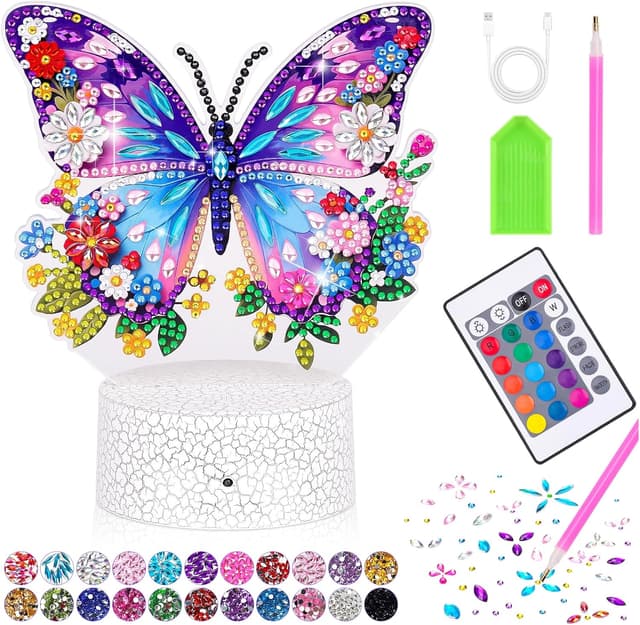 Detalle de Girls Butterfly Diamond Painting Night Light Craft Kit (Age 5–12) with Touch & Remote Control