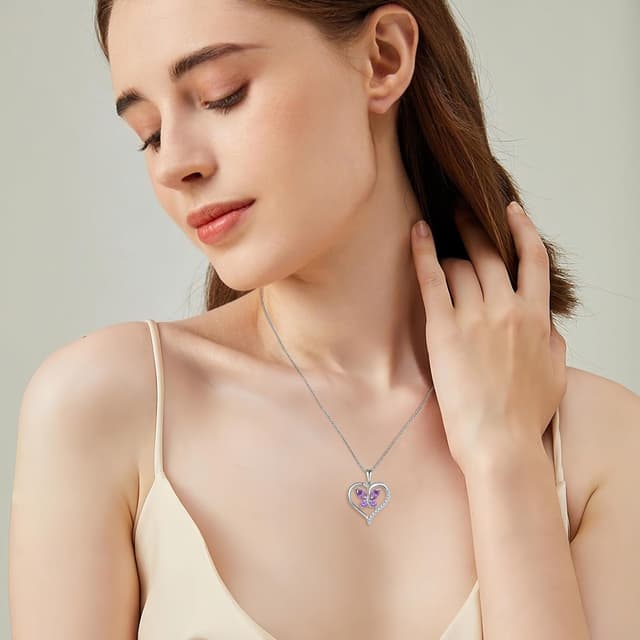 Detalle de FJ Herz-Schmetterling-Kette für Damen aus 925 Sterling Silber mit Geburtsstein & Anhänger