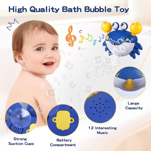 Detalle de Jiosdo Badewannenspielzeug Krabbe mit Bubble-Funktion und Musik (blau) – Badespaß 2-in-1 für Babys