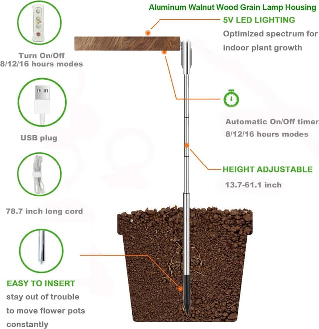 Detalle 2 de yadoker Plant Grow Light (Full Spectrum) with Adjustable Height, Automatic Timer, 5V Low Voltage