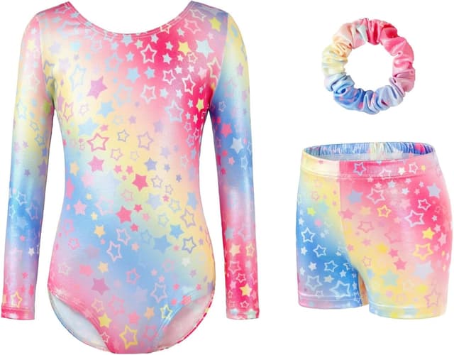 Detalle de Girls’ Gymnastics Leotard Set with Sparkling Gradient Design (Three-Piece Long Sleeve + Shorts + Hairband)