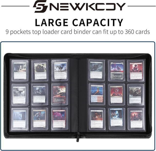 Detalle de Snekdy Top Loader Binder (9 Pockets) for 3 x 4 inch Cards, Holds 360 Top Loaders, Black PU Leather Zipper Binder