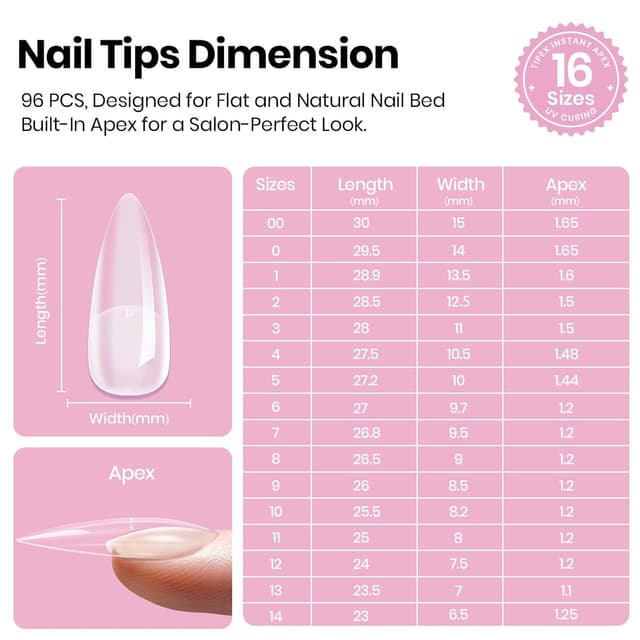 Detalle 2 de Beetles Tipex Lite Instant Apex Nail Tips (Medium Stiletto) — 16 Sizes 00–14