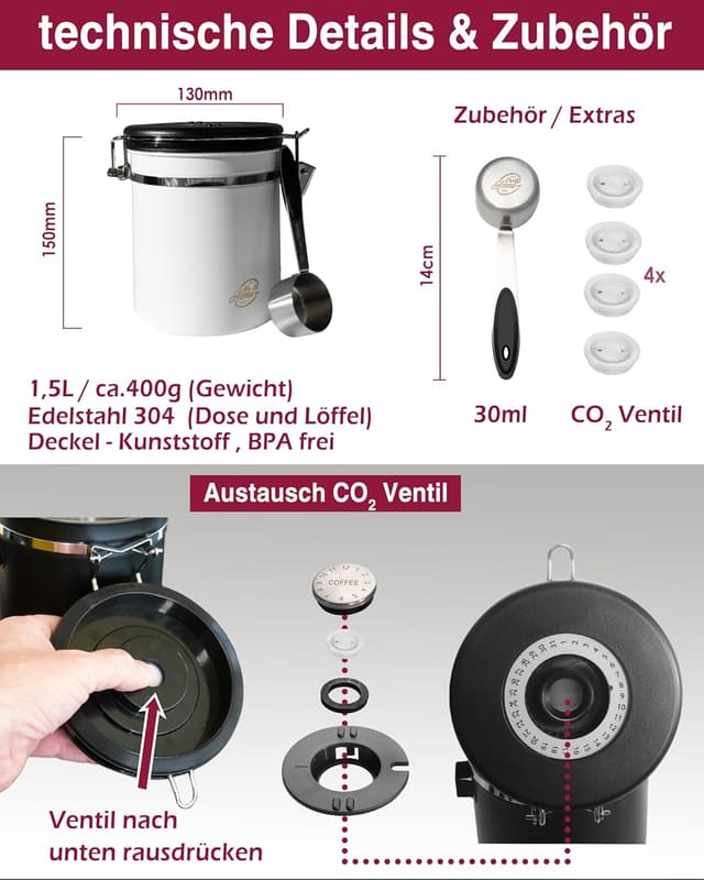 Detalle de Pro@Home43® Kaffeedose luftdicht mit Kalenderfunktion, Edelstahl, 1,5 l – weiß