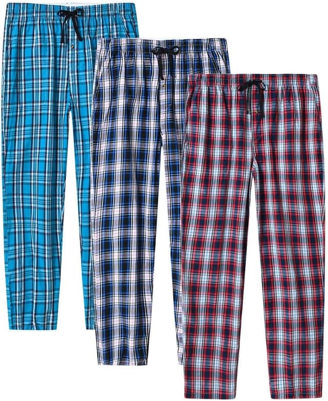 Detalle de MoFiz Men’s Ultra Lightweight Cotton Plaid Pajama Pants (3-Pack) with Drawstring & Pockets