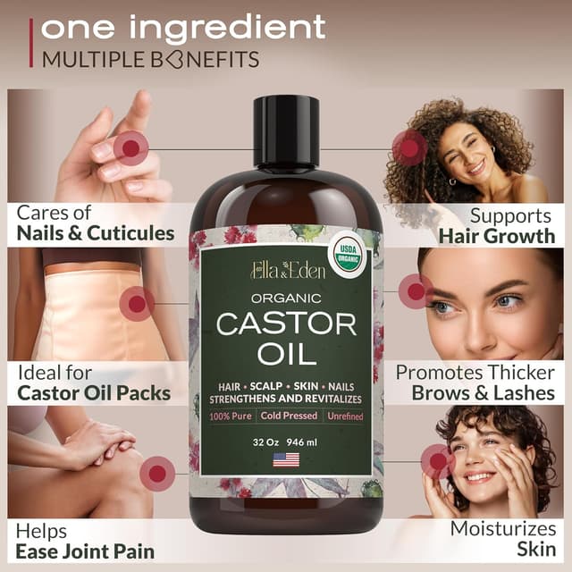 Detalle de Ella & Eden Organic Castor Oil (Cold-Pressed, Hexane-Free, Unrefined) – 32 fl oz