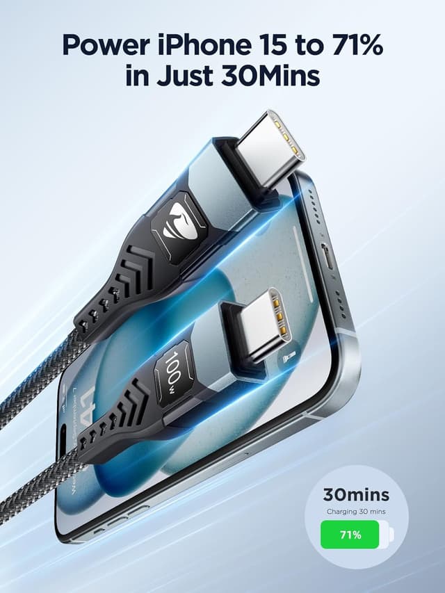 Detalle de Aioneus USB-C to USB-C Fast Charging Cable (3m, 100W 5A, 2-Pack)