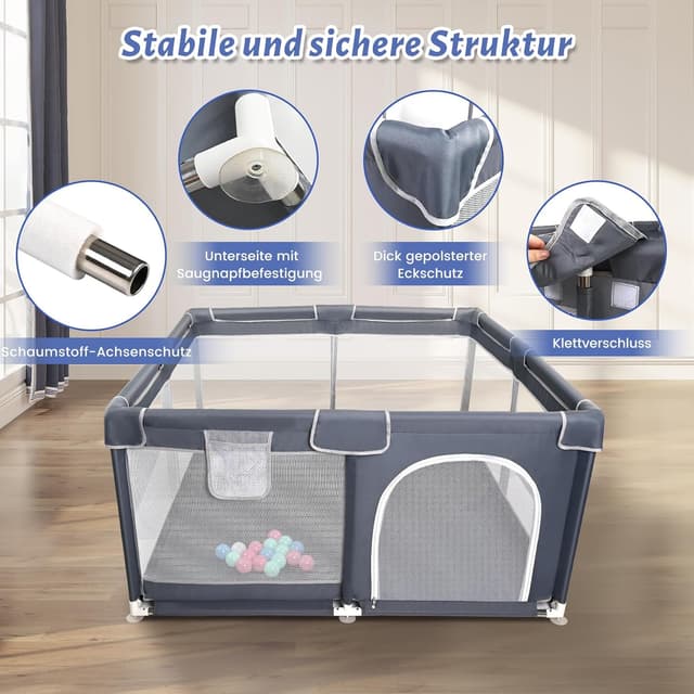 Detalle 1 de CHOLY Baby Laufstall 128 × 128 cm Dunkelgrau