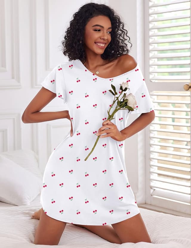 Detalle de Ekouaer 2 Pack Women’s Nightgowns – Heart V-Neck Short Sleeve Flare Sleepshirt (S–XXL)