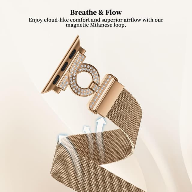 Detalle 2 de wutwuk Magnetic Lock Mesh Stainless Steel Apple Watch Strap with Rhinestones (Rose Gold) for 49/46/45/44/42mm