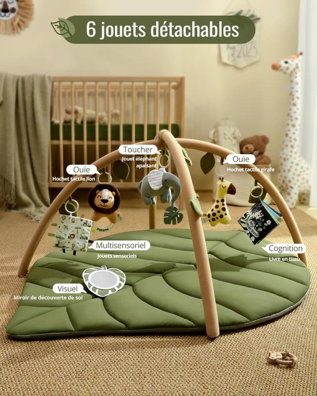 Detalle de Blissful Diary Tapis d’éveil bébé avec arche amovible et 6 jouets – forme feuille, vert forêt